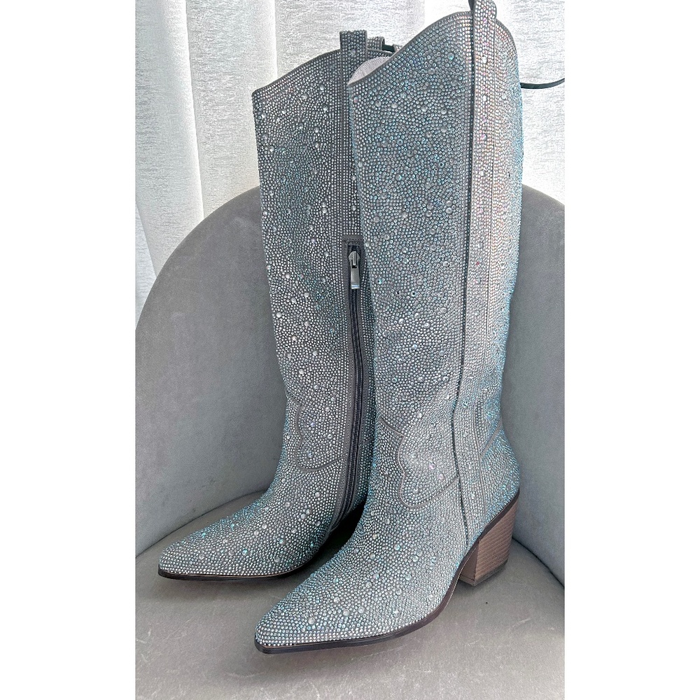 NEW! MUCCCUTE Knee High Rhinestone Boots Sparkly Block Heel Cowboy Boots, 7.5